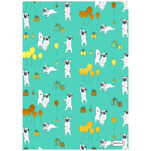 'Party Dogs' Green Neon and Gold Wrap - 5 Sheets of Wrapping Paper